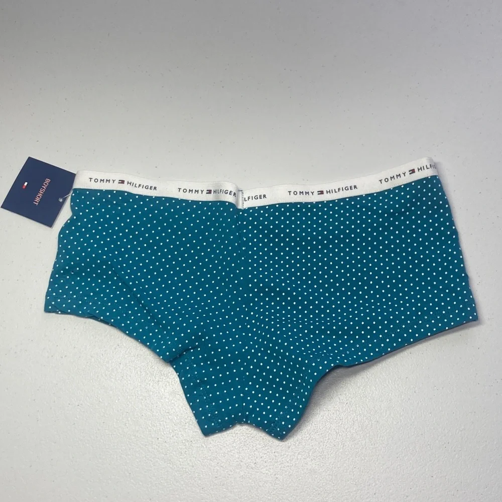 3/$18 Tommy Hilfiger teal polka dot boyshort panty with logo waistband size S - Picture 11 of 17